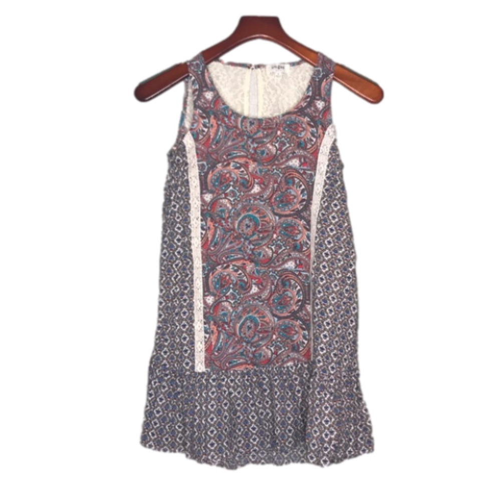 Umgee Lace and Cotton Geometric Print Ruffled Bottom Tunic